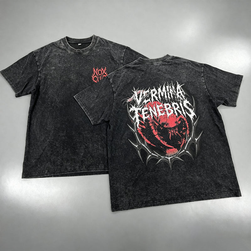Flatlay t-shirt VERMINA TENEBRIS graphic streetwear sombre NOXCULT