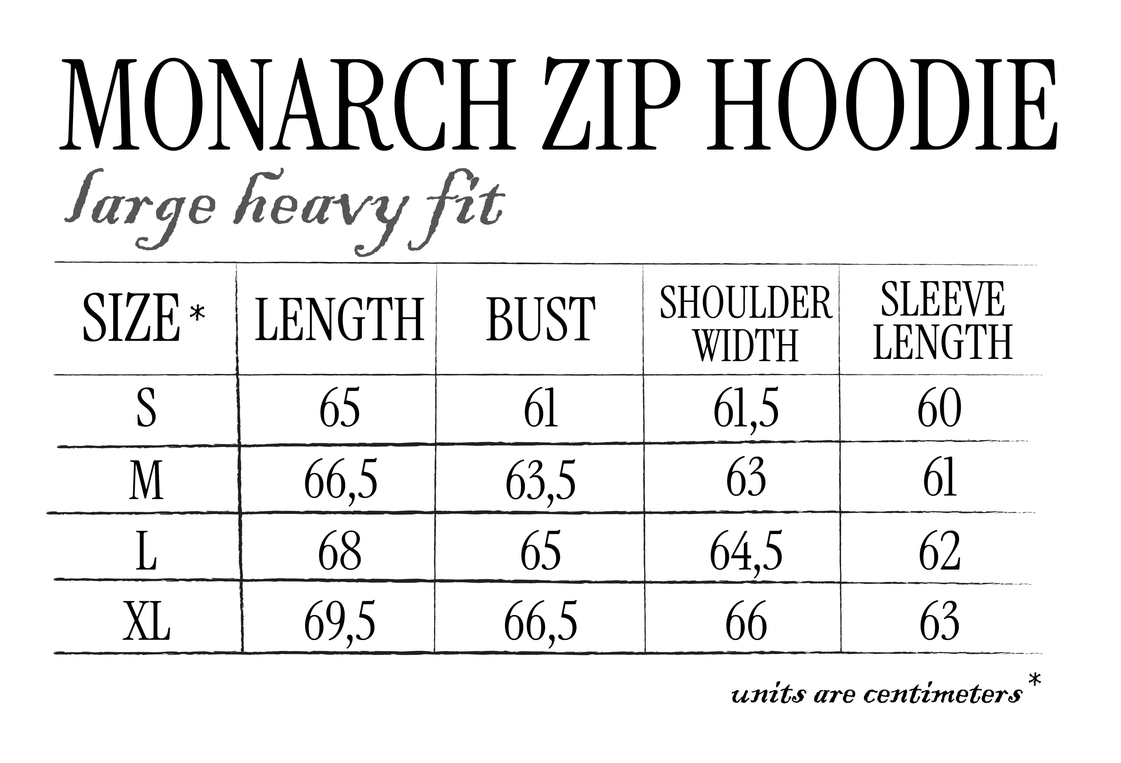 Size chart Monarch Hoodie Noxcult