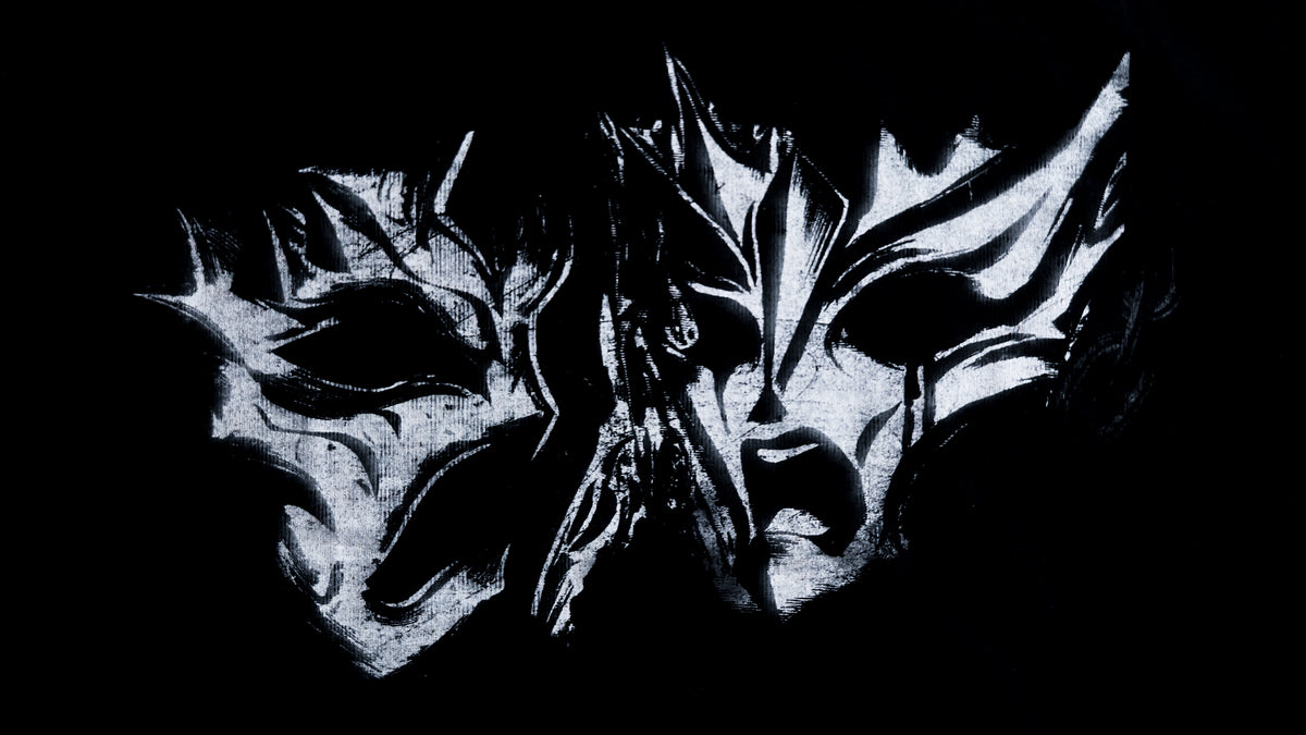 Gros plan du graphisme masque Mascarade en blanc sur noir